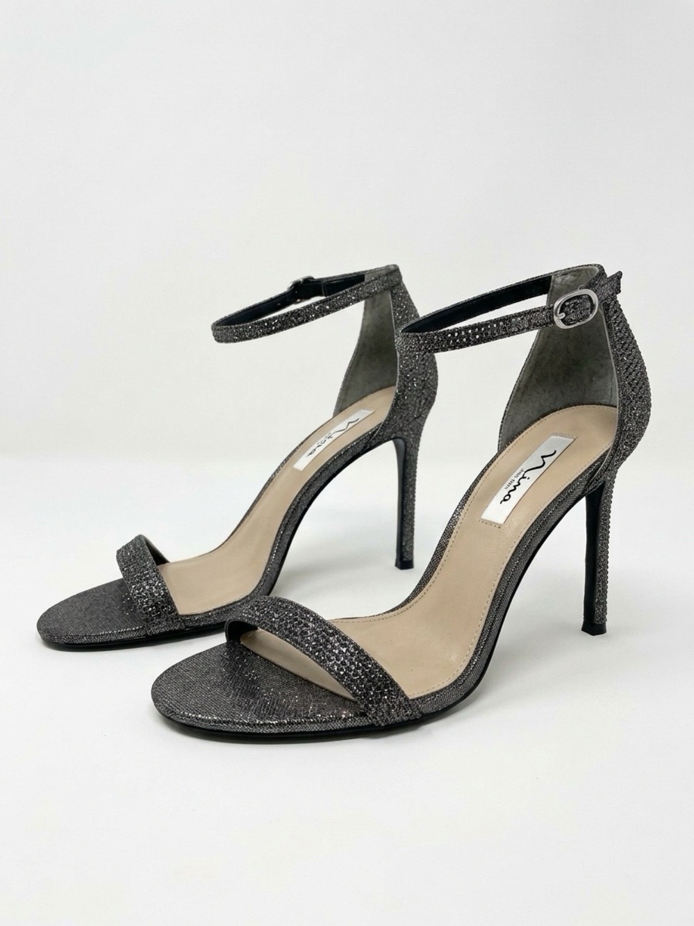 Nina Silver Glitter Ankle-Strap Stiletto Sandals